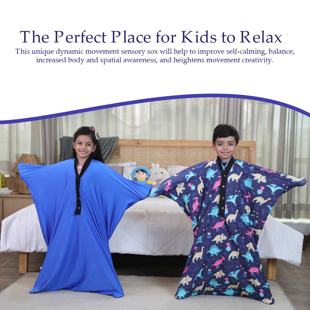 Two smiling children wearing Ableys sensory body sock for kids in a bedroom demonstrating deep pressure play