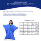 Ableys blue sensory body sock for kids shown on smiling girl with size chart and therapist recommendation