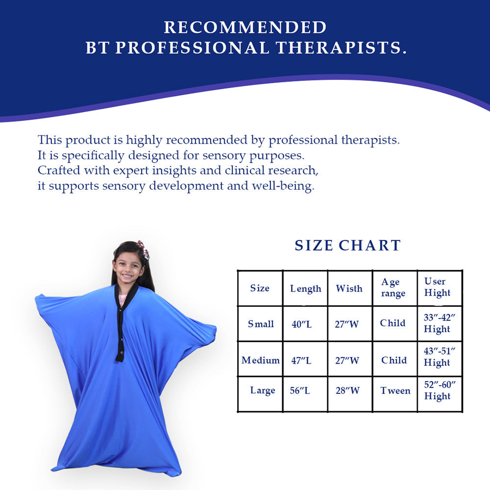 Ableys blue sensory body sock for kids shown on smiling girl with size chart and therapist recommendation