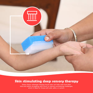 Ableys sensory therapressure brush applied to forearm for deep touch sensory calming therapy