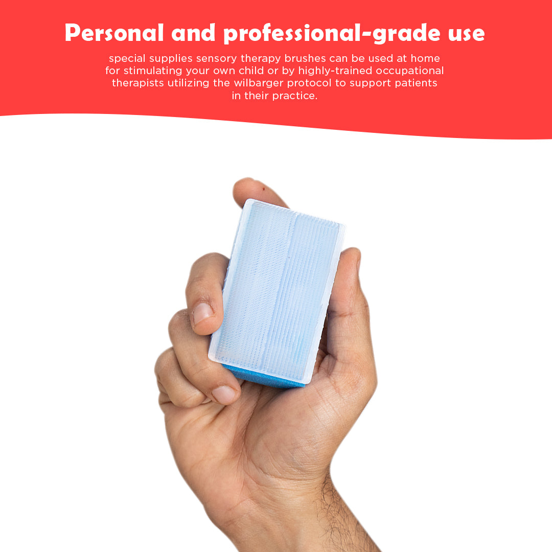 Ableys sensory therapressure brush hand holding blue rectangular brush with fine bristles for tactile therapy