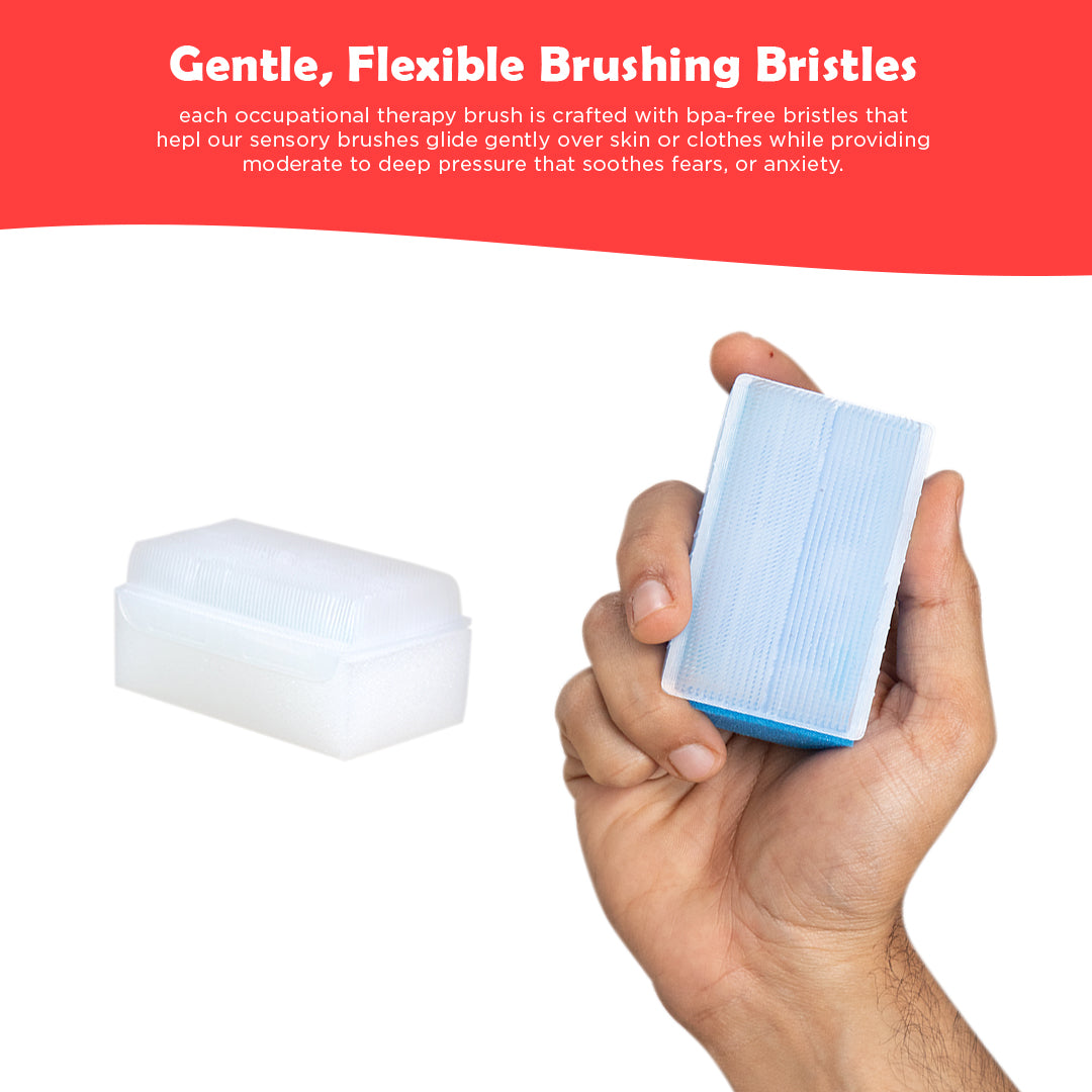 Ableys sensory therapressure brush handheld soft flexible bristles in blue with storage case for calming tactile therapy