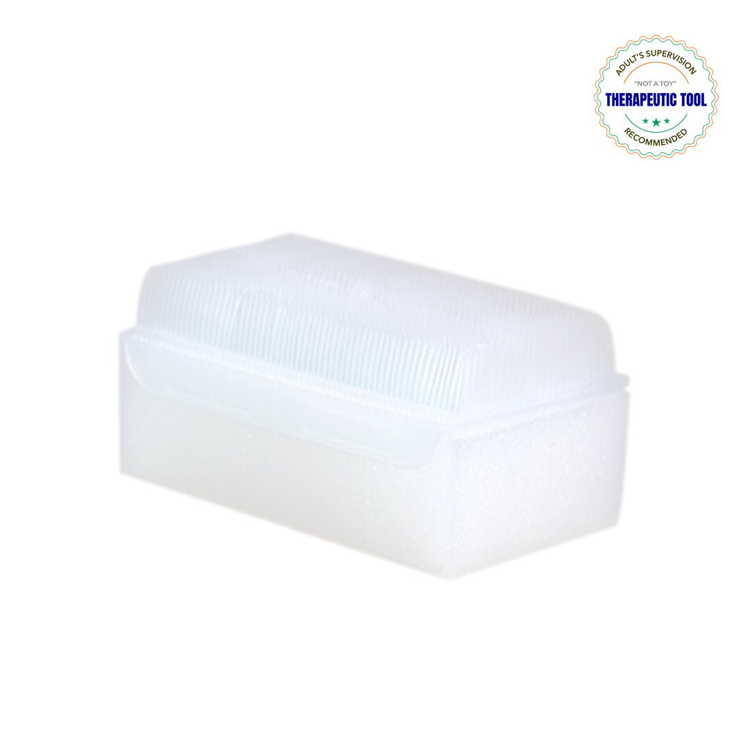 Ableys white sensory therapressure brush with dense fine bristles on foam base for tactile therapy