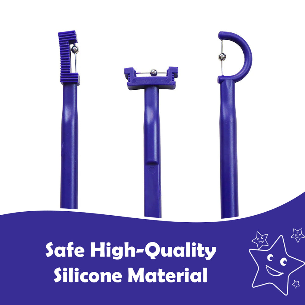 Ableys purple silicone oral motor toolkit for speech therapy showing three tongue and cheek stimulation tools