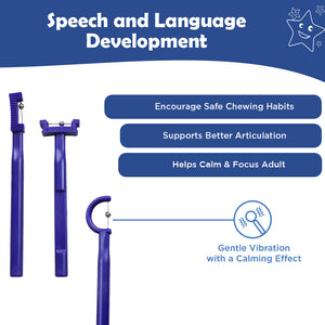 Ableys purple oral motor toolkit for speech therapy showing three vibrating chew tools for articulation calming and safe chewing