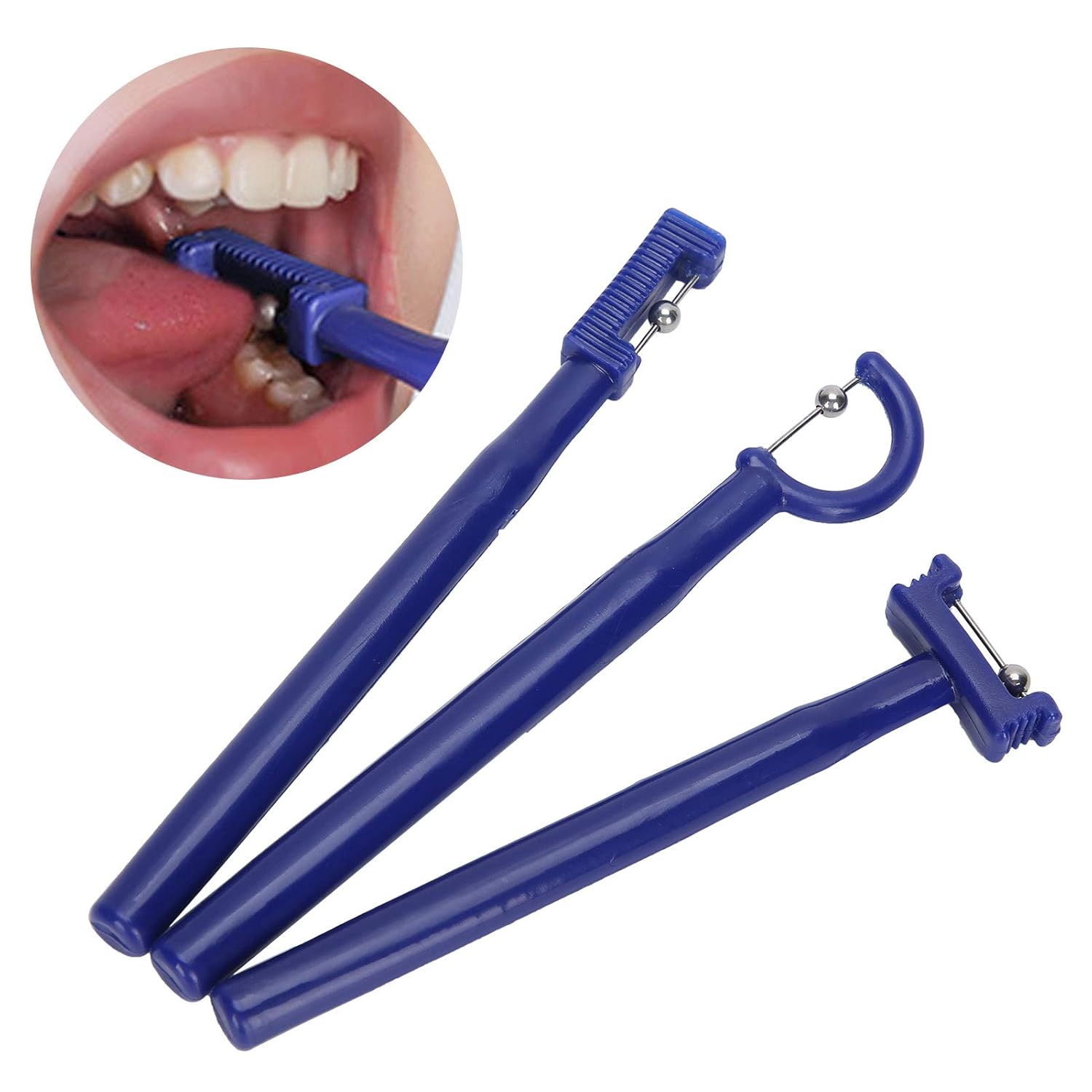 Ableys blue oral motor tools set with textured tips and metal rollers shown in mouth, oral motor toolkit for speech therapy