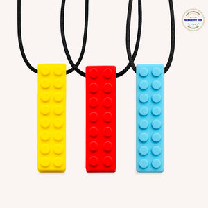 Ableys chewable necklaces for sensory needs three silicone brick pendant chews in yellow red and blue on black cords