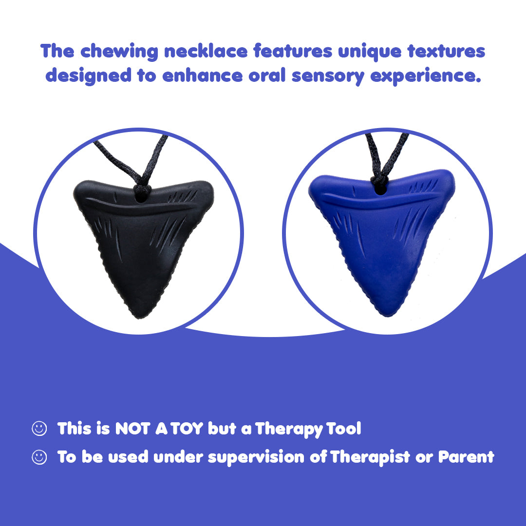 Ableys chewable necklace for sensory needs silicone shark tooth pendants in black and blue on cord
