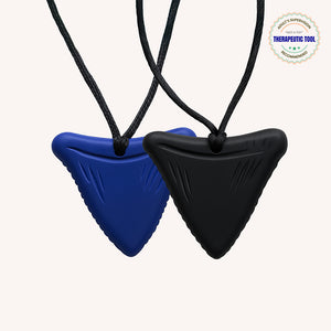 Ableys blue and black triangular chewable necklace for sensory needs on adjustable black cords