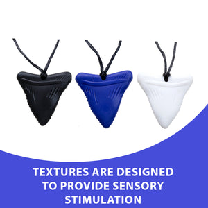 Ableys chewable necklace for sensory needs trio of textured silicone triangle pendants in black blue and white on cords