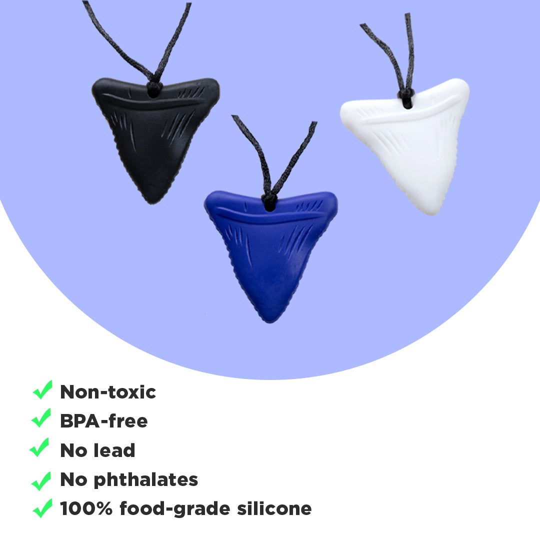 Ableys chewable necklace for sensory needs shark tooth silicone pendant trio in black blue and white