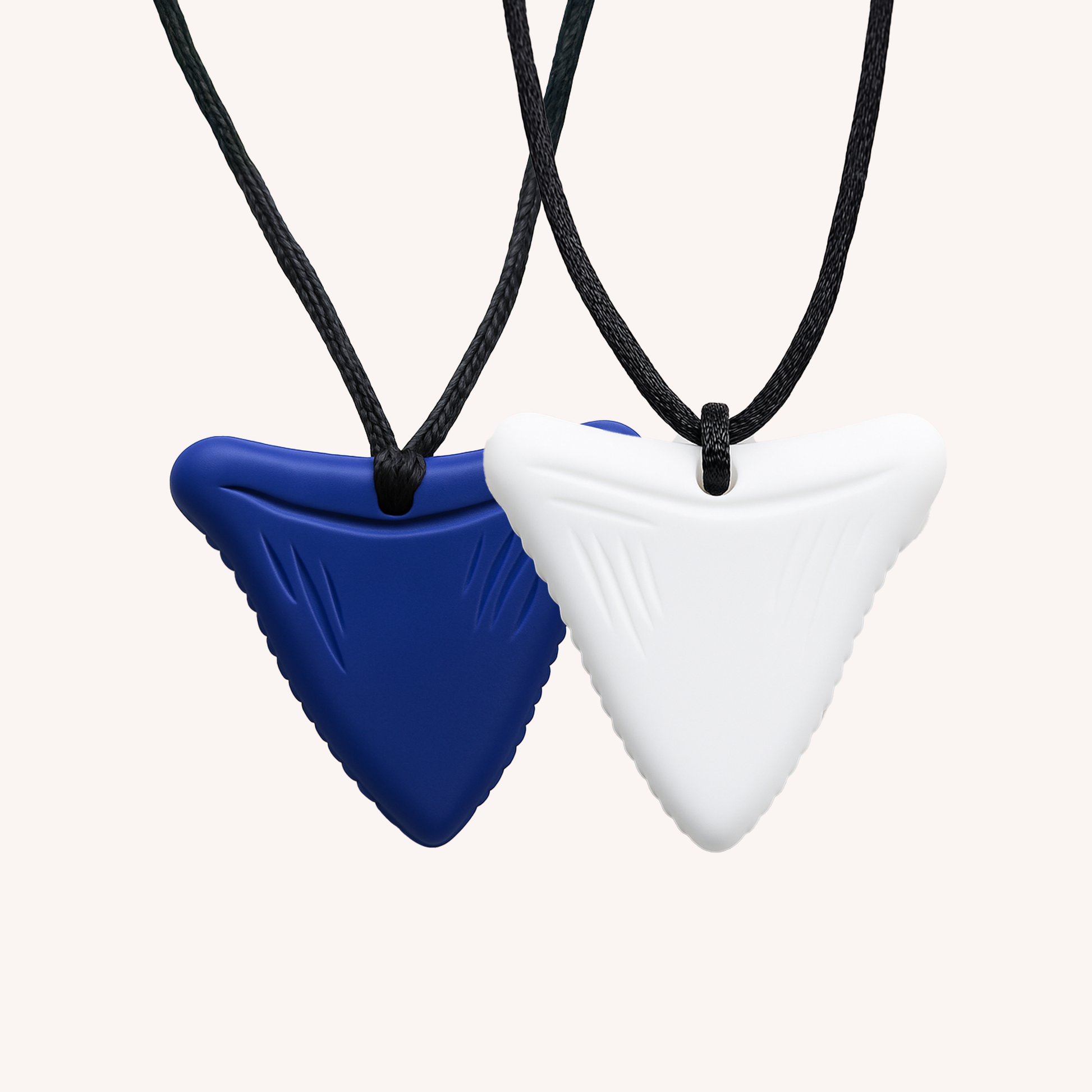 Ableys blue and white silicone triangle chewable necklace for sensory needs with textured edges on black cords