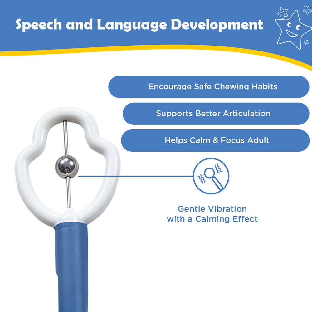 Ableys blue and white oral motor tool for speech therapy with ring head and metal ball for gentle vibration and articulation