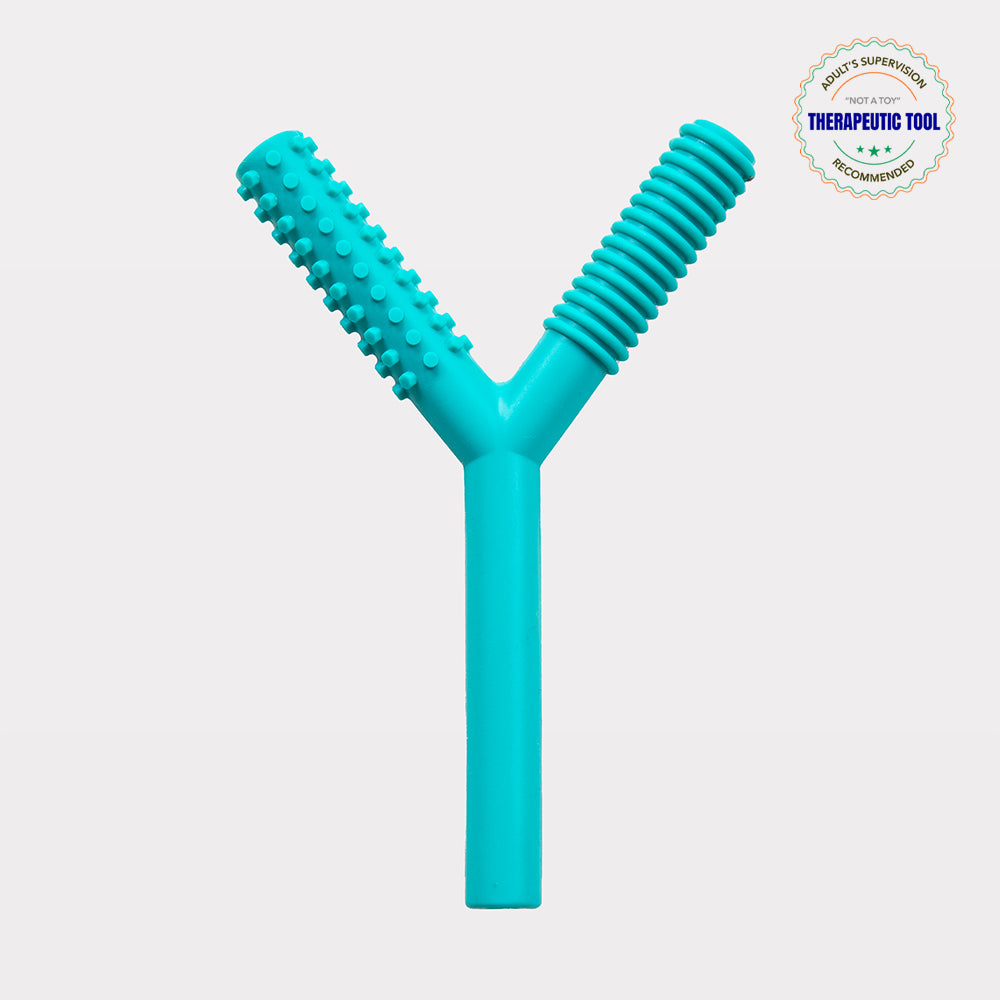 Ableys Y shaped turquoise silicone chew toy with dual textured ends oral motor chew tool for sensory needs